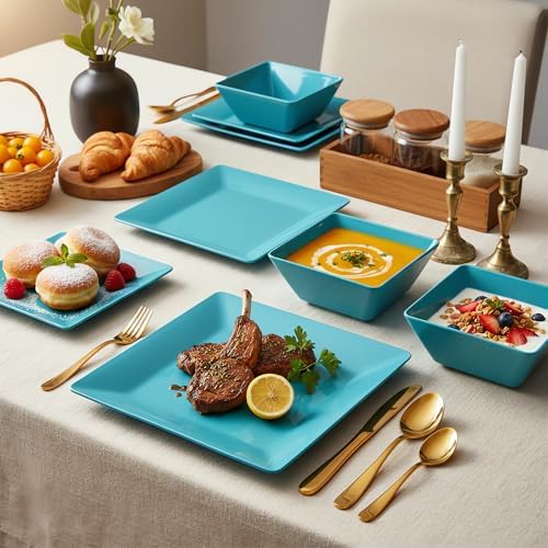 TP 12-Piece Melamine Dinnerware Sets, Square, Service for 4, Teal - Image 4