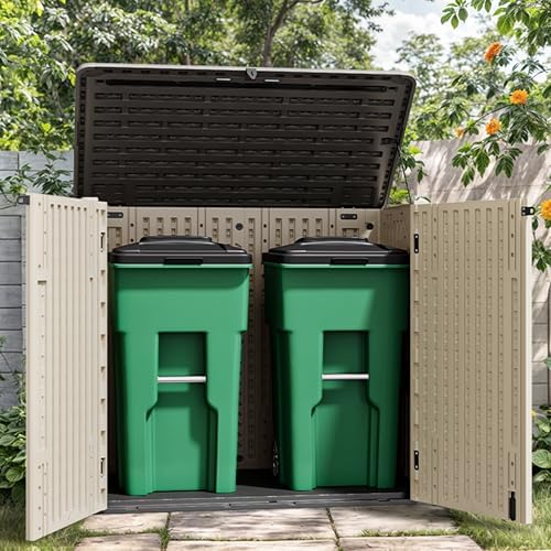 YITAHOME 30 cuft Outdoor Storage Shed w/o Shelf, Horizontal Storage Cabinet for Garden Tool, Waterproof Storage Shed Plastic for Garage, Resin Pool Storage, Easy to Assemble, Khaki & Brown by YITAHOME