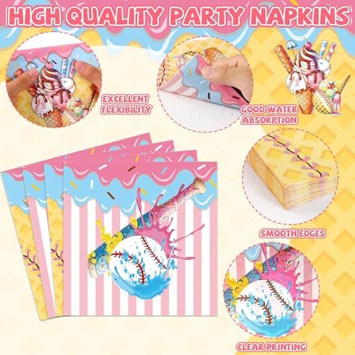 96PCS Ice Cream Drip Baseball Birthday Party Paper Plates and Napkins Set Sport Party Paper Plates Baseball Ice Cream Disposable Tableware Parties Set for Kids Decorations - Image 4