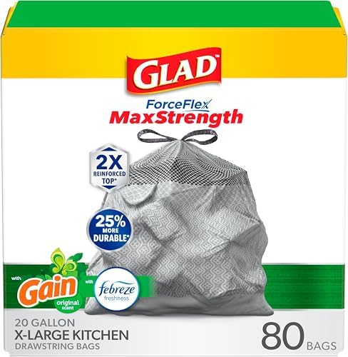 Glad ForceFlex MaxStrength Drawstring XL Kitchen Trash Bags, 20 Gal, Gain, 80 Ct (Package May Vary) by GladTrashFoodStorage