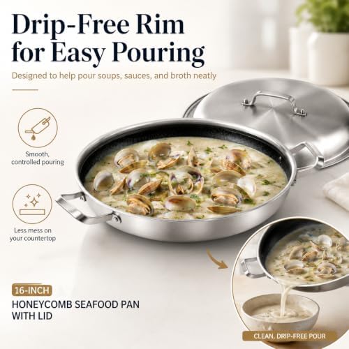 Yeksum 16 Inch 5-Ply Stainless Steel Paella Pan with Lid, Large Skillet - Image 3