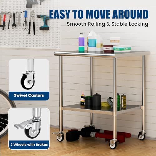 Stainless Steel Work Table with Wheels, 30x30 Inch NSF Kitchen Prep Table with Adjustable Undershelf for Commercial Restaurant, Garage, Outdoor BBQ - Image 6