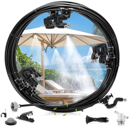 Outdoor Misting Cooling System,49FT (15M) Misting Line + 3/4” Threaded Adapter + 13 Adjustable 360° Nozzles, Garden, Greenhouse, Misters for Outside Patio by DAOTAILI
