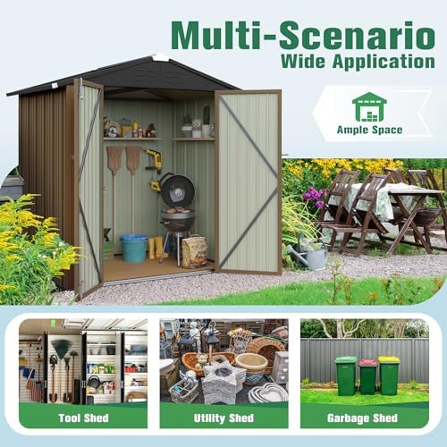 Flamaker 6x4 FT Storage Shed Waterproof Metal Garden Shed with Lockable Door Utility Tool Shed Outdoor Storage for Backyard, Patio and Lawn, Brown - Image 7