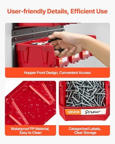 VEVOR Wall Mounted Storage Bins, 12 Plastic Bins & 3 Metal Rails, Plastic Hanging Stackable Storage Bin for Screws, Nuts, Bolts, Nails, Hardware Tool Organizer for Workshop, Craft Room, Garage, Red - Image 6