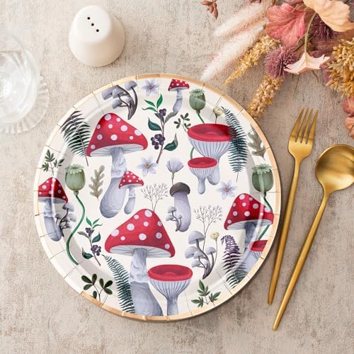 WRAPAHOLIC 25Pcs Mushroom Paper Plates - 9 Inch Red Mushroom Theme Disposable Plates Decorative Dinner Plates for Party Tableware Supplies Table Decor - Image 3