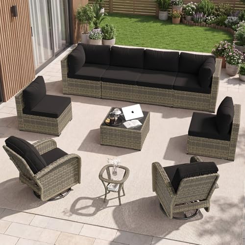 Aoxun 10 Piece Outdoor Patio Furniture Set with Coffee Table, Wicker Rattan Outdoor Furniture with High Back Swivel Rocker Chairs, Outdoor Conversation Set with Thick Cushion & Ottoman, Black by Aoxun