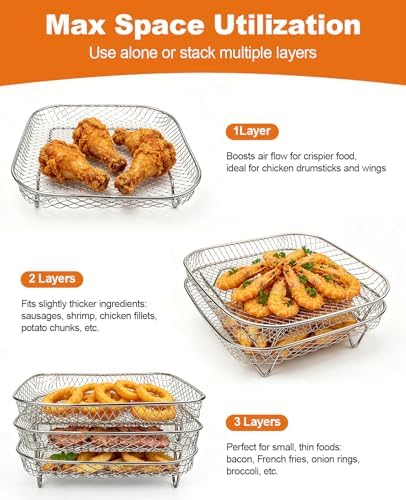 Square Air Fryer Rack 9-Pcs – 7" Square 3-Tier Stackable Dehydrator Racks for Cosori, Instant Vortex, and Ninja Foodi Grill – 304 Stainless Steel Grill Rack Compatible with 5-6QT Air Fryer, Oven - Image 3