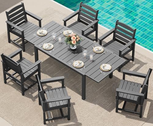 SERWALL 60" - 83" Expandable Outdoor Dining Table and 6 HDPE Chairs, Grey by SERWALL