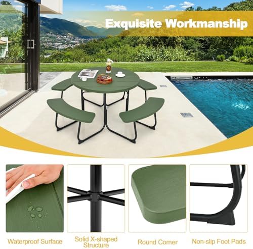 Tangkula 8 Person Round Picnic Table with 4 Built-in Benches, Green - Image 6
