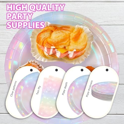 168Pcs Pink Pastel Rainbow Party Decorations Pink Iridescent Plates and Napkins Cups Tableware Sets Rainbow Party Decorations for Rainbow on Cloud 9 Birthday Weddings Baby Shower Supplies Serves 24 - Image 4