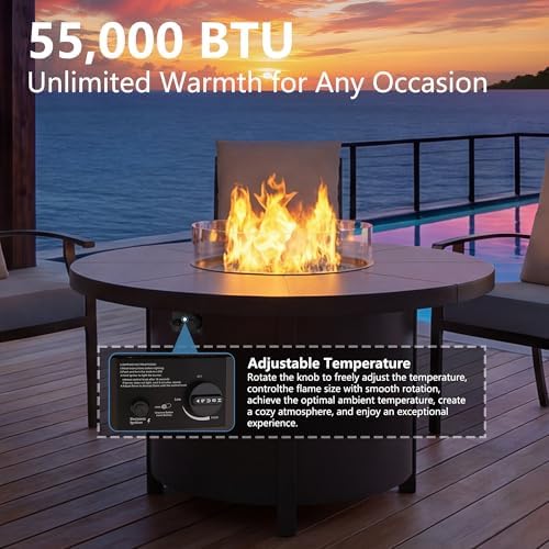5 Pieces Outdoor Patio Furniture Set with 48" 55000 BTU Round Propane Fire Pit Table,Patio Dining Set Outdoor Conversation Sets 4 Swivel Chairs for Deck,Backyard and Garden,Brown - Image 6