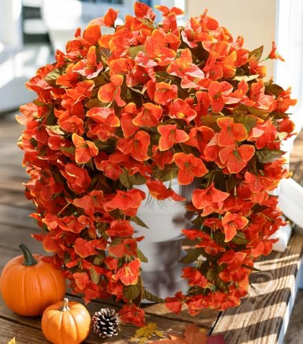 Bougainvillea Artificial Flowers Plants for Outdoors Outside Fall Autumn Decor, 2 pcs Faux Silk Long Trailing Vines UV Resistant Look Real Orange Fake Flowers for Front Door Porch Planter Urn Patio by INSPRING