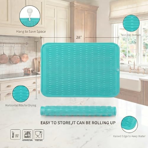 MicoYang Silicone Dish Drying Mat for Multiple Usage,Easy clean,Eco-friendly,Heat-resistant Silicone Mat for Kitchen Counter or Sink,Refrigerator or Drawer Liner Mint 3XL 28 inches x 18 inches - Image 2