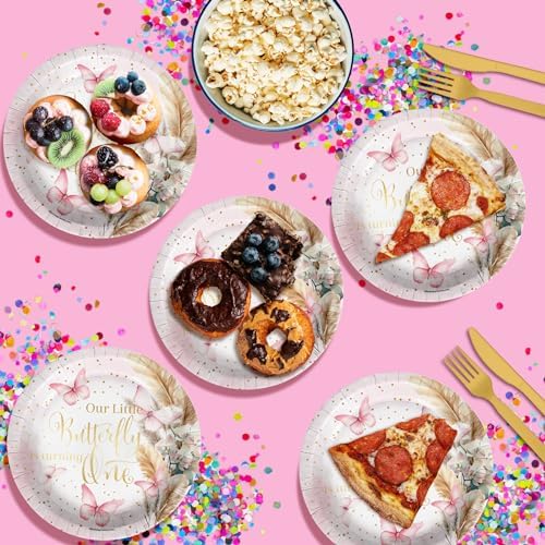 Butterfly Girl's First Birthday - 32 Piece Disposable Party Supplies - Decorations for Floral 1st Birthday Round Party Plates - Large 9" Paper Plates In Bulk - Image 4