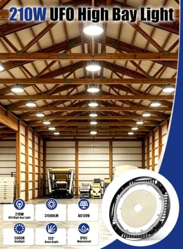 210W UFO LED High Bay Light, 31500LM Shop Lights, 5000K Daylight, ETL Listed with 6' Cable & Safety Rope, IP65 Waterproof Commercial Lighting for Warehouse, Workshop, 980W MH/HPS Equivalent, 2 Pack - Image 2