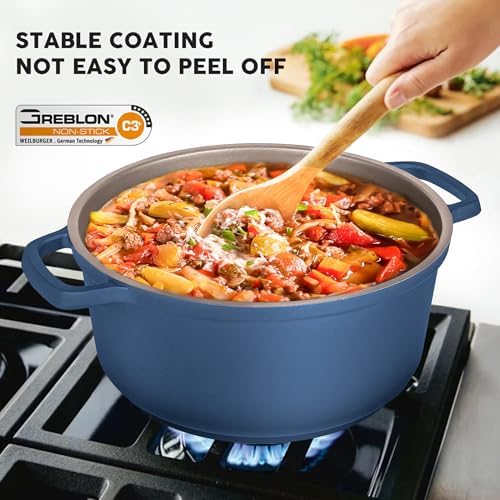 Large Dutch Oven Pot with Lid-7.5QT Cast Aluminum Oven Pot with Two Handles Lightweight for Bread Baking Braising and Roasting(Blue) - Image 4