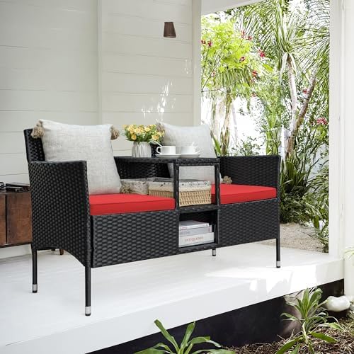 Greesum Patio Loveseat Outdoor Wicker Furniture Conversation Set,Red - Image 2