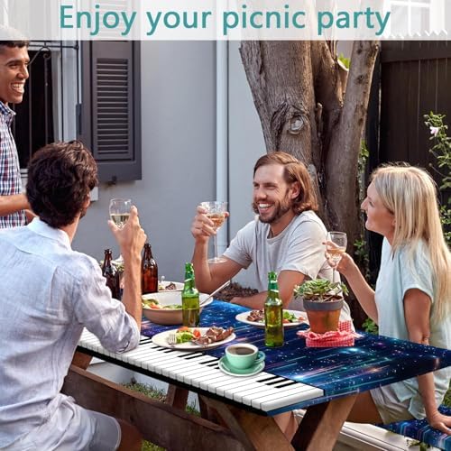 Piano Keyboard Picnic Table Cover with Bench Covers, Camping Essentials, Music Themed Waterproof Windproof, Fitted Tablecloth Cover with Elastic Edge, for Outdoor, Garden, 3 PCS, 30x96 Inch - Image 2