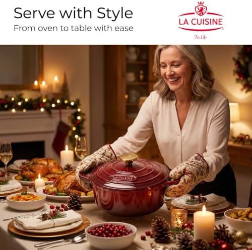 La Cuisine Enameled Cast Iron Dutch Oven Casserole Pot with Golden handle for Lid, Internal Matte Black Enamel Coating, 6.5 QT 11" / 28cm Ø, Oven-Safe 550°F/276°C, Cranberry - Image 6