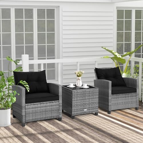 Tangkula 3 Pieces Patio Furniture Set, Outdoor PE Rattan Conversation Chair Set with Tempered Glass Side Table and Removable Cushions, PE Wicker Chairs and Table Set for Porch, Balcony and Garden - Image 6