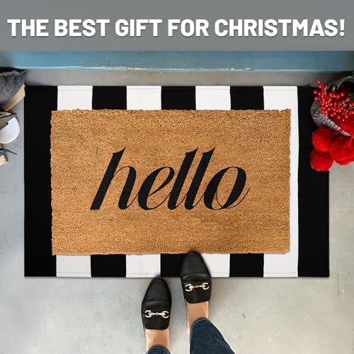 IOHOUZE 24x36 Striped Outdoor Door Mat, Washable Porch Rug, Black/White - Image 2