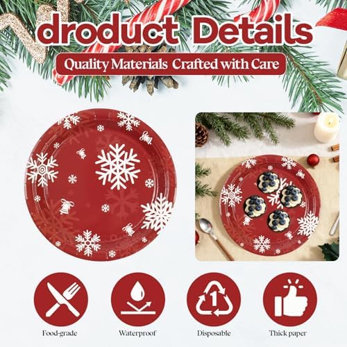50PCS Christmas Paper Plates, 7 Inches Xmas Plates Disposable Red Snowflake Dinner Dessert Tableware Dinnerware Set for Christmas Winter Holiday Party Supplies Decorations Table Decor - Image 4