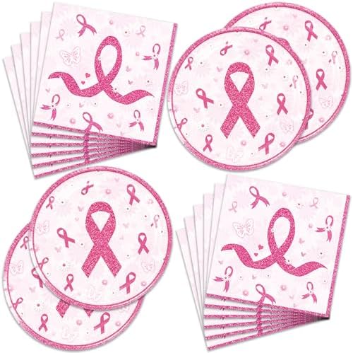 48Pcs Breast Cancer Party Decorations Include Plates Napkins Guests Cancer Free Party Decorations Serve 24 Guests Breast Cancer Party Supplies by Frypeas