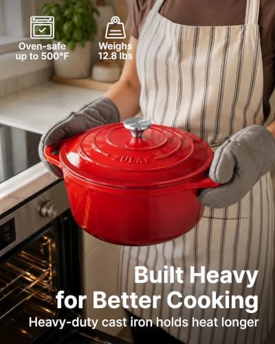 Zulay Kitchen 6.4QT Enameled Cast Iron Dutch Oven Pot with Lid, Heat Pad & Trivet, Heavy-Duty Soup Pot for Stews, Braising, Roasting & Sourdough Bread Baking, Oven Safe up to 500°F - Ablaze Red - Image 5