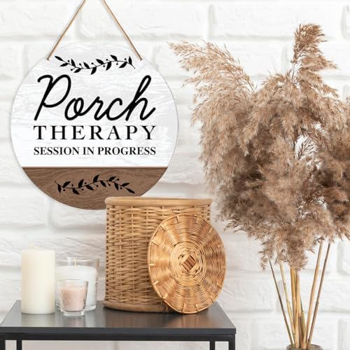 Muktoujaumai Funny Porch Sign Decor, Porch Round Hanging Sign Decor Farmhouse Wall Decorations Outdoor Living Wood Sign for Patio, Deck, Backyard, Housewarming Gift for New House Home, Porch Therapy - Image 3