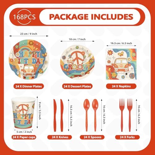 168 Pcs Groovy Birthday Party Decorations for Hippie, Serves 24 - Image 2