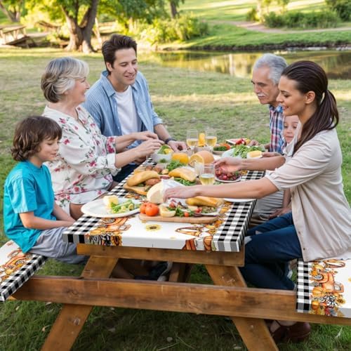 Fall Picnic Table Cover with Bench Covers, Camping Essentials, Buffalo Plaid Thanksgiving Pumpkin Waterproof Windproof, Fitted Tablecloth Cover with Elastic Edge, Indoor & Outdoor, 3 PCS, 30x60 Inch - Image 4