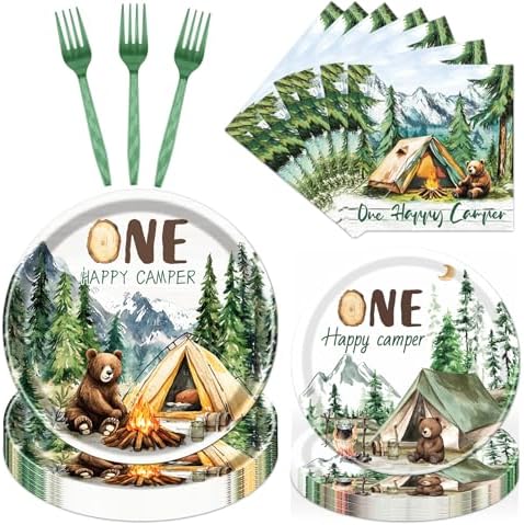 Happy One Camper Birthday Decorations Supplies, 96PCS Camping 1st Party Plates and Napkins Set, Disposable Adventure Tableware(Serve 24 Guests) by Aposwow
