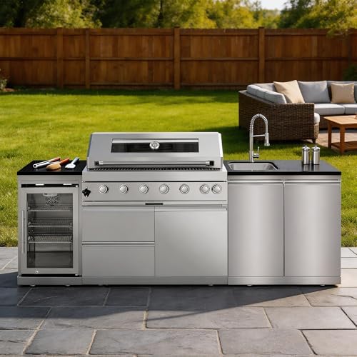 95'' 6-Burner 85000 BTU Deluxe Stainless Steel Natural Gas Outdoor Kitchen Island with Grill, Wine Cooler, Rotisserie Kit, Granite Countertops, Stainless Steel Sink, For Patio, Lawn, Backyard, Silver by Dvasovio