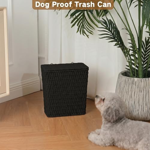 iEGrow Paper Rope Trash Can,Bathroom Trash Can with Lid, 3 Gallon Wicker Waste Basket with Removable Liner, for Bedroom, Living Room, Toilet, Under Sink Black - Image 5