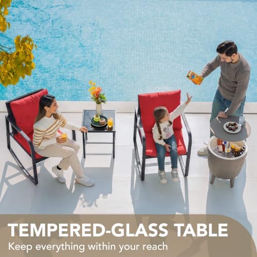 Devoko 3 Pieces Patio Furniture Set Wicker Outdoor Rocking Chair, Red - Image 3