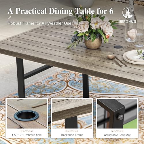 HERA'S HOUSE 7pc Outdoor Patio Dining Set, Wood-Look Metal Table, Brown - Image 5