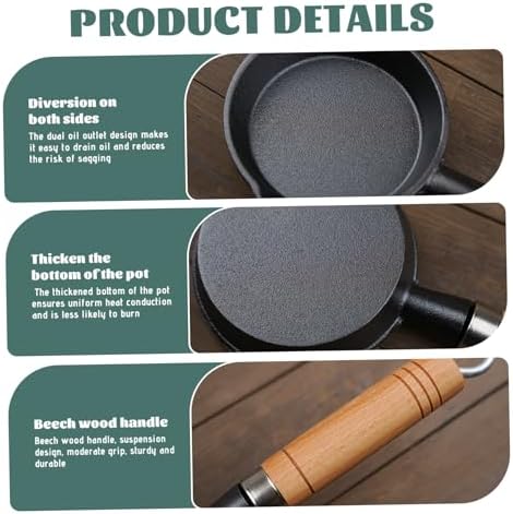 Mini Cast Iron Skillet, 4 Inch Round Non-Stick Mini Frying Pan with 2 Pouring Spout, Portable Small Egg Pan with Hanging Wooden Handle for Stove Gas Induction Hob - Image 2