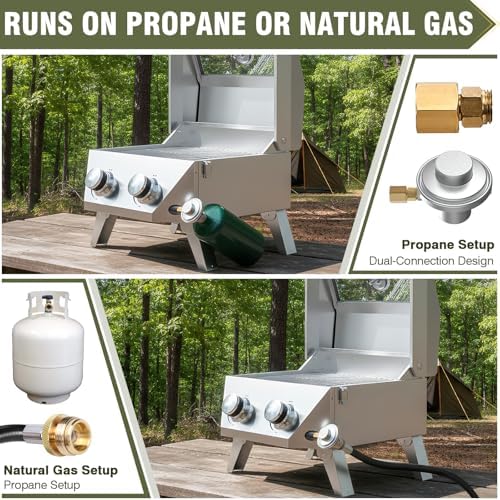 BESTFIRE 2-in-1 Portable Propane Grill, 20,000 BTU 2-Burner Tabletop Gas Grill for Camping & RV, Stainless Steel BBQ with Viewing Glass Lid, Thermometer & Dual-Gas Connection - Image 4