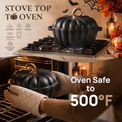 Overmont Pumpkin Enameled Cast Iron Dutch Oven with Lid,4.5 QT,Black - Image 4