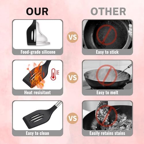 QMVESS Silicone Cooking Utensils Set, 28 Pcs Non-Stick Kitchen Utensils Set with Holder, 446°F Heat Resistant Spatula, Tongs, Spoons Set with Stainless Steel Handle Kitchen Gadgets (Black) - Image 6