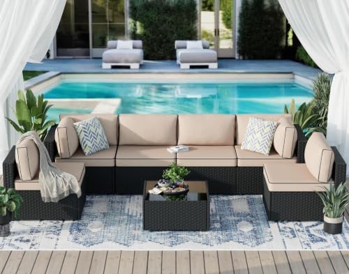 JAMFLY 7-Piece Patio Furniture Set, Outdoor Wicker Sectional Sofa with 4-Inch Thick Cushions & Coffee Table, All-Weather PE Rattan Conversation Set for Backyard, Garden, Poolside, Beige - Image 5