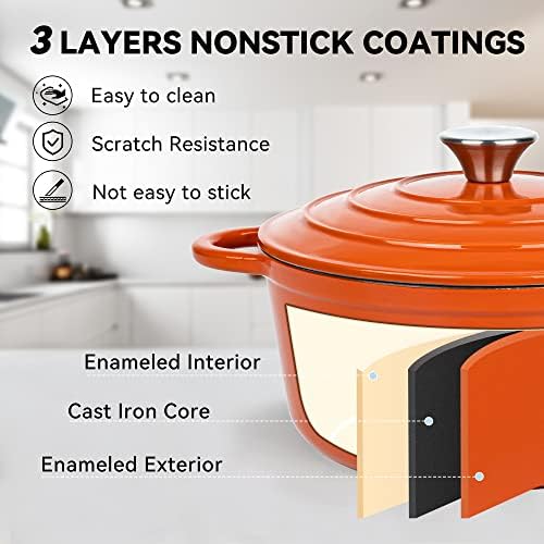 Miereirl 4.5 Quart Enameled Dutch Oven Pot with Lid, Cast Iron Dutch Oven with Dual Handles for Bread Baking, Cooking, Non-stick Enamel Coated Cookware (Orange) - Image 6