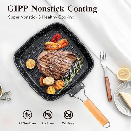 GiPP 9.5 Inch Nonstick Grill Pan with Folding Handle,Square Grill Skillet - Image 3