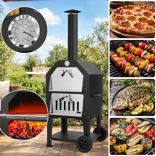 Outdoor Pizza Oven, Wood Fired Portable 550°F Pizza Maker with Stone, Peel, Grill Rack for Patio Backyard Camping,Black - Image 6