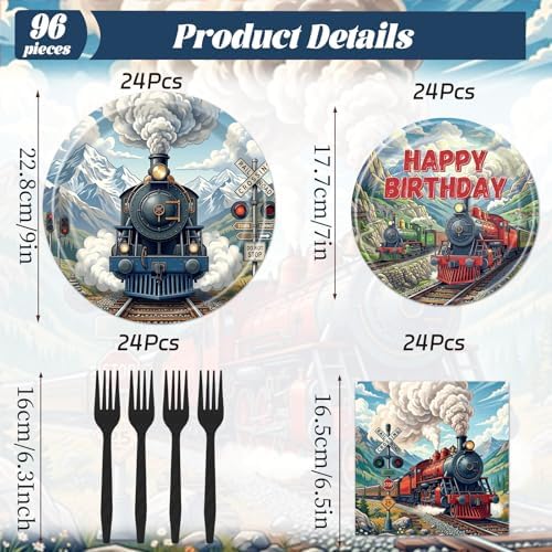 Train Birthday Party Decorations, 96PCS Vintage Train Themed Disposable Paper Plates and Napkins Decorations Sets, Retro Trains Disposable Forks Tableware Supplies Serves 24 - Image 2
