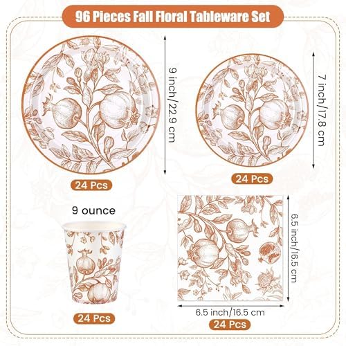 Kochorie 96 Pieces Fall Disposable Pomegranate Paper Plates Thanksgiving Vintage Floral Party Supplies Orange Floral Tableware Set Includes Paper Plates Cups Napkins Serve 24 for Wedding Baby Shower - Image 2