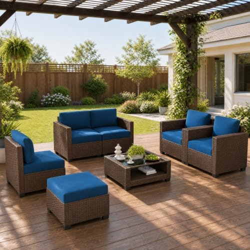 LOUVIXA 7 Piece Outdoor Patio Furniture Set, Rattan Chairs Glass Table Wicker Conversation Seating Sectional Sofa with Cushions (Brown-Peacock Blue, 7Pcs-2 Layer Coffee Table) by LOUVIXA