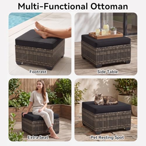 Aoxun 2 Piece Patio Sofa Ottomans with 4" Thick Cushions, Wicker Outdoor Couch Extension Set, All-Weather Rattan Seating Accessory for Backyard Furniture, Black - Image 5