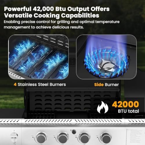 Electactic 4-Burner Gas Grill with Side Burner, Stainless Steel Propane Grill with Built-In Thermometer, 42000BTU BBQ Grill for Outdoor Cooking, Patio and Backyard Barbecues - Image 4